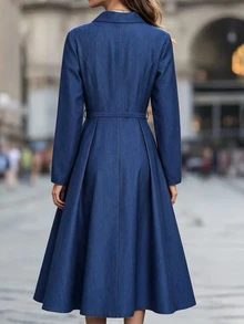 Balvessa Women's Waist-Cinching Zippered Denim Effect Midi Dress - Blue - View 2