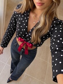 KARISMINA Black And White Polka Dot Notched Lapel Contrast Bowknot Front Cropped Blazer, Night Out Party Date Night, Fall Jacket, Elegant, Christmas, New Year - Black - View 9