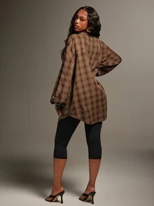 Denimoi Asymmetrical Button Front Plaid Top Fashionable Streetwear Cool Girl Style Fashion Tops Fall - Brown - View 3