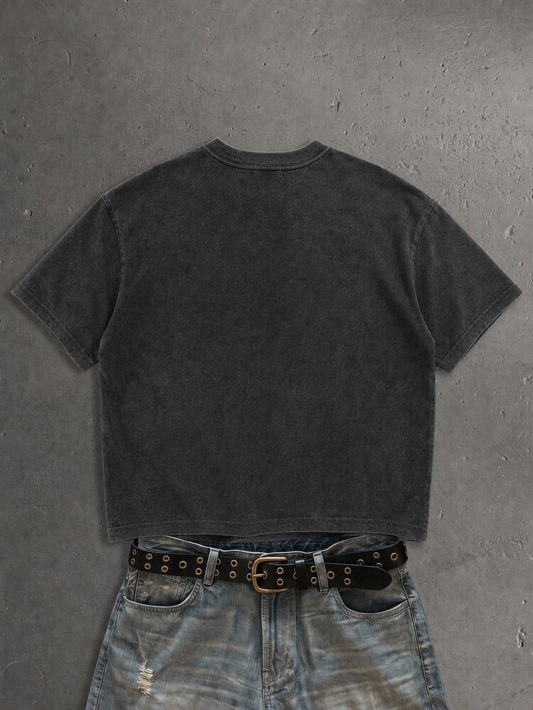 Salvezio American Rock Band Poster Fashion Print Men's Grey Acid Wash Cropped Loose Fit Short Sleeve T-Shirt - Black - View 3