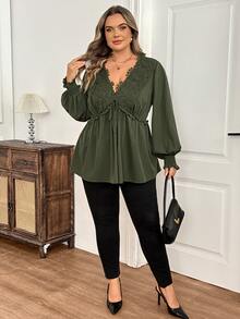 SHEIN CURVE+ Plus Size Women's Contrast Color Lace Deep V-Neck Tie Front Ruffle Sleeve Sexy Blouse, Autumn Long Sleeve Top Fall - Green - View 4
