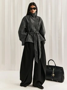 LYSMO Jaket Kasual Wanita Lengan Panjang dengan Bahu Longgar dan Kancing Tunggal serta Tali Ikat Pinggang - Dark Grey - View 6