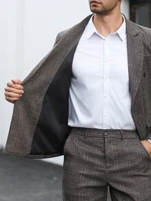 Manfinity Mode 男士休閒商務西裝套裝，格紋布料製成，適合日常通勤、輕鬆工作環境或半正式場合，也是送給男友和丈夫的理想禮物 - 棕色 - 查看 7