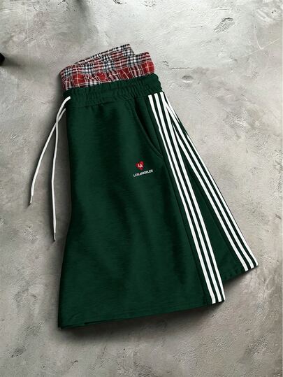 PAVTROS Men's Young Casual 2 In 1 Sweatpants, Short Knitted Sports Gym Pants With Elastic Waist Drawstring Design, Streetwear, Green And White Striped Summer