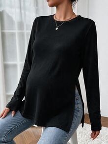 SHEIN 孕婦休閒純色側開衩T恤，適合秋季 - 淺灰色 - 查看 5