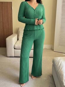 Dazy Plus Casual Slouchy Bright Green Fitted Top & Pants 2-Piece Set, Spring/Autumn New Pajama Set - Green - View 5