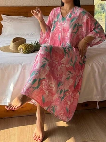 Dazy Plus Gaun Tidur Rumah Kasual Wanita Ukuran Besar Model Leher V Motif Bunga - Watermelon Pink - View 4