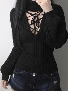 DAZY Women's Slim Fit Elastic Pullover Knit Sweater, High Neck Tie Hollow Out Long Sleeve Casual Vacation Sexy Korean Style Autumn/Winter Knit Sweater - Black - View 2