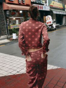 Nöista Pink Polka Dot Cropped Military Jacket. Fall Winter, Retro, Cute, Casual, Statement Piece. - Red - View 6