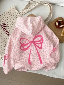 Young Girl Leopard Print Bow Pattern Casual Everyday Sweatshirt - White - View 2
