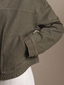 Anewsta Essential Women's Vintage American Style Washed Denim Collared Short Jacket In Army Green, Autumn/Winter - Green - View 6