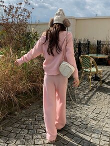 DAZY Women's Solid Color Bow Decor Asymmetric Shoulder Long Sleeve Sweater Fall - Pink - View 8