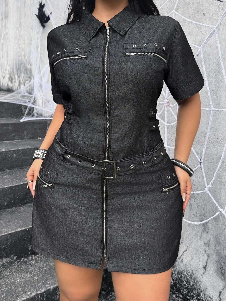 Jeanoix Plus Size Summer Casual Front Zipper Belted Denim Dress - Black - View 1