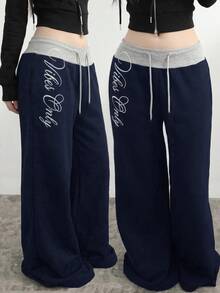 SHEIN 青少年女孩拼接腰帶刺繡抽繩腰運動長褲 - 藏蓝色 - 查看 3