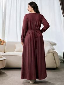 Al Najma Plus Size Women Solid Color Round Neck Long Sleeve Button Design Casual Arabian Dress - Burgundy - View 2