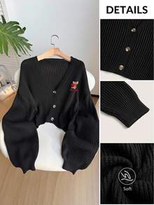 TOM & JERRY X SHEIN SHEIN EZwear 大尺碼女款字母刺繡長袖單排扣針織開襟衫，適合外出、街頭穿搭、機場造型 - 黑色 - 查看 8