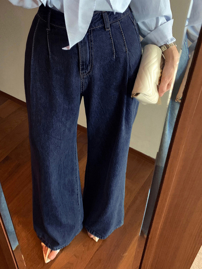 Dazy Plus High Waist Washed Blue Pleated Wide Leg Denim Jeans, Loose Fit Versatile Long Pants, All Season Fall