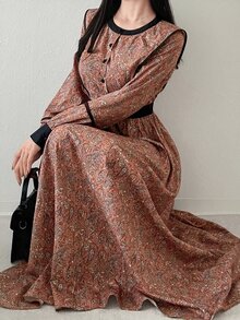 FRIFUL Women's Rust Round Neck Long Sleeve Button Half-Placket Casual Vintage Elegant Midi Dress Brunch High Tea Autumn Winter High Tea Date Night - Brown - View 1
