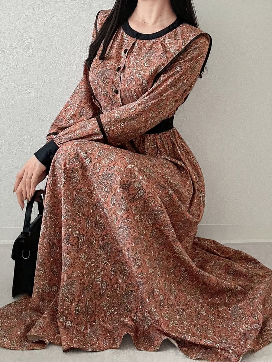 FRIFUL Women's Rust Round Neck Long Sleeve Button Half-Placket Casual Vintage Elegant Midi Dress Brunch High Tea Autumn Winter High Tea Date Night - Brown - View 1