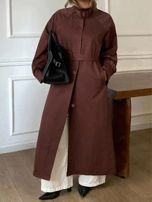 Dazy Plus Solid Color Loose Long Belt Elegant Street Vacation Spring Autumn Long Trench Coat - Brown - View 3