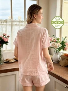 Snug Reverie 女款 100% 純棉藍色提花短袖短褲夏季鈕扣式睡衣套裝 - 粉色 - 查看 2