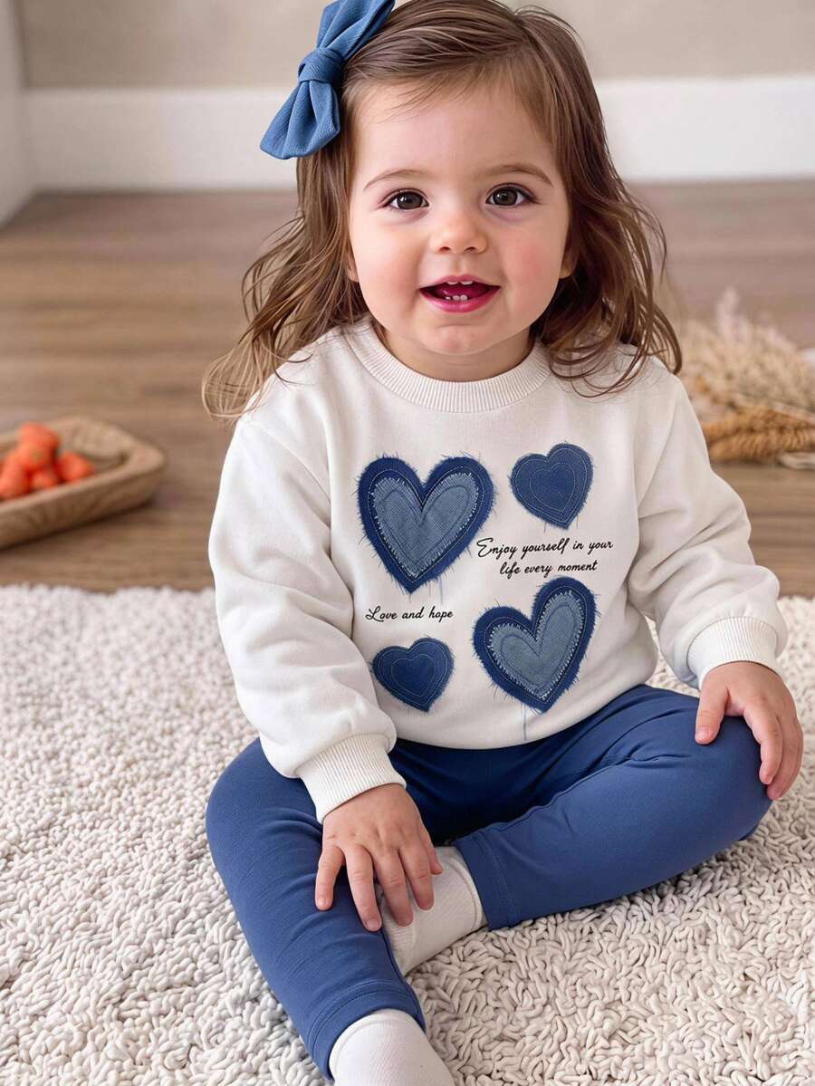 SHEIN Baby Girl Knit Heart Pattern Crew Neck Casual Sweatshirt & Long Pants 2 Pieces Set - Multicolor - View 1
