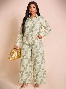 Brilight Floral Embossed Lapel Long Sleeve Button Shirt High Waist Wide Leg Pants For Vacation Brunch Daily O - Green - View 9