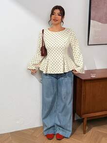 Lounesse Plus Size Women's Round Neck Long Sleeve Polka Dot Design Fashion Cinched Waist Flared Hem Shirt Office Formal Beige Autumn Elegant Traditional Fall - Apricot - View 8