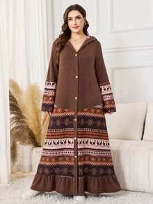 Lacomfia Autumn/Winter Elegant Casual Element Patchwork Hooded Collar Button Flared Sleeve Gathered Hem Knit Textured Long Sleeve Plus Size Women's Long Dress - Multicolor - View 6
