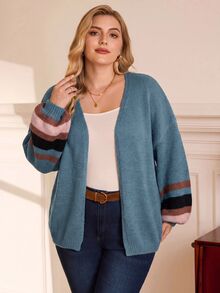 EMERY ROSE Cardigan de punto a rayas de bloques de color para vacaciones de talla grande - Neblina azul - Ver 5
