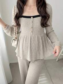 Dazy Maternity Setelan 2 Potong Atasan Pullover Lengan Panjang dan Celana dengan Motif Garis-Garis dan Patchwork Warna Kontras di Bagian Bawah, Cocok untuk Pakaian Rumah Sehari-hari Musim Semi dan Gugur serta untuk Ibu Hamil - Grey - View 5