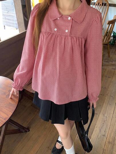 Dazy Maternity Blus Pullover Lengan Panjang Longgar Motif Kotak-kotak Lengan Mengembang Kasual Gaya Korea Musim Semi Musim Gugur Atasan untuk Ibu Hamil