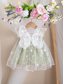 SHEIN 新生女嬰可愛優雅夏季網紗花卉刺繡洋裝 - 薄荷綠 - 查看 4