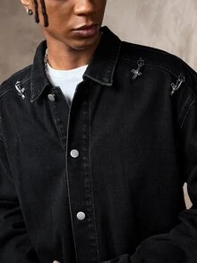 ROMWE MEN Street Life Personalized Fashionable Retro Metal Airplane Buckle Casual Versatile Men's Denim Jacket - Black - View 2