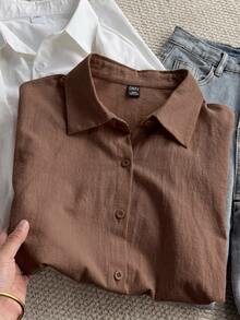 DAZY Women's Cotton Blend Loose Fit Solid Purple Casual Versatile Everyday Shirt - Coffee Brown - View 6