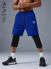 Acti Log 男士運動短褲，彈性抽繩，2合1，跑步健身，戶外休閒 - 黑色 - 查看 3