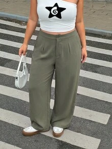 Muchica Plus Size Women Solid Color Pleated Straight Leg Loose Casual Suit Pants - Army Green - View 1