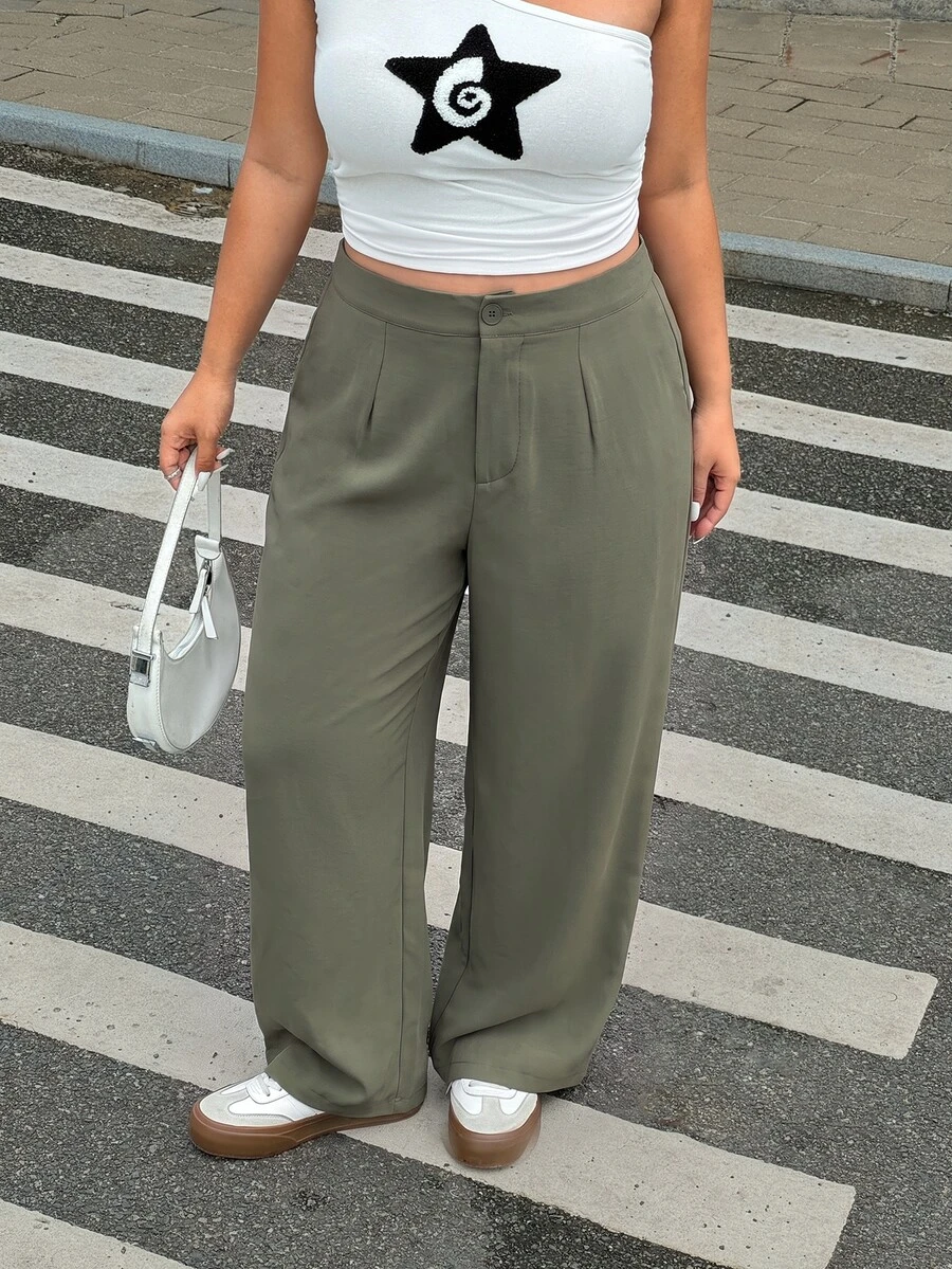 Muchica Plus Size Women Solid Color Pleated Straight Leg Loose Casual Suit Pants - Army Green - View 1