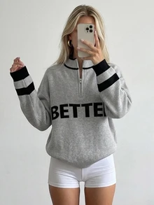 Livesso Women's Autumn/Winter Casual Colorblock Striped Letter Pattern Sweater - Grey - View 6