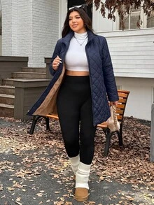 SHEIN EZwear 大尺碼女款保暖內裡純色休閒優雅百搭冬季加厚外套 教師通勤外出穿搭 海軍藍 - 藏蓝色 - 查看 5