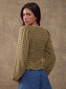 WESTFADE Smocked Boatneck Long Puff Sleeve Ruffle Hem Fitted Embroidered Plaid Blouse Top, Fall Winter 2026 Western Style Cowgirl Clothing, Female Country Look - Green - View 2