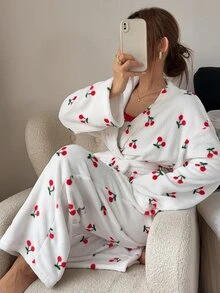 Napfluff Women's Plush Cherry Print Fitted Contrast Trim Camisole Pants And Long Sleeve Cardigan Pajama Set - White - View 8