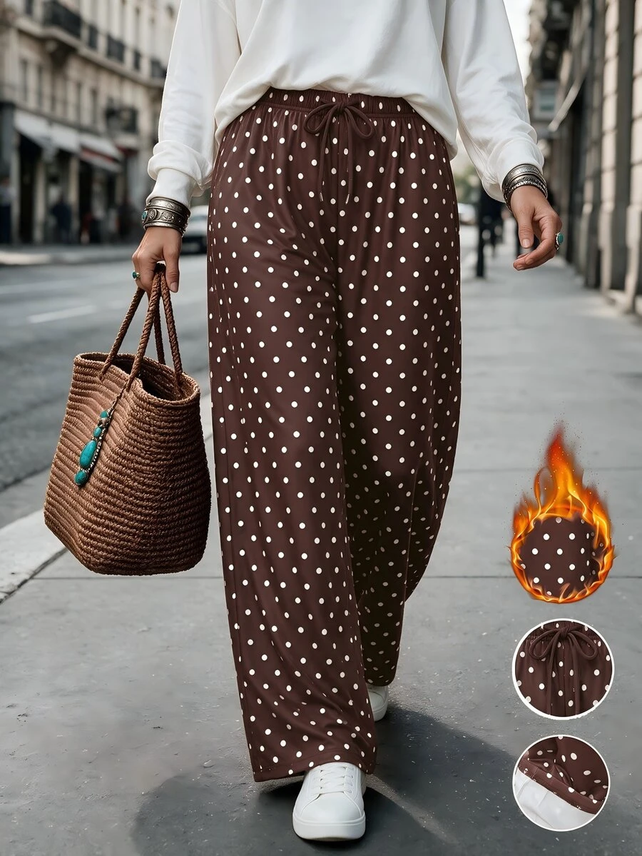 LanaWest Brushed Polka Dot Casual Sweatpants For Daily Wear, Vacation, Commuting And Dating - Coffee Brown - View 1