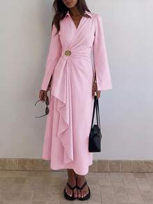 Siren Gaze Women's Striped Collared Waist Metal Decor Patchwork Ruffle Hem Elegant Long Dress - Pink - View 1