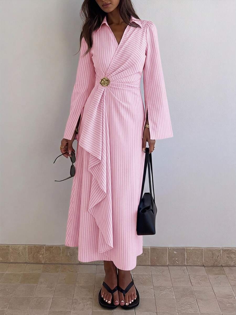 Siren Gaze Women's Striped Collared Waist Metal Decor Patchwork Ruffle Hem Elegant Long Dress - Pink - View 1