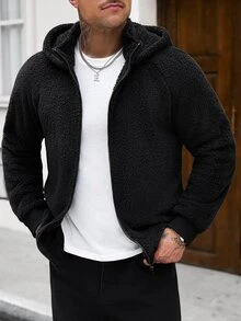Manfinity CasualCool Ins熱銷男士珊瑚絨落肩袖開襟連帽衛衣，送給爸爸、丈夫、男友的萬聖節、聖誕節、新年禮物 - 黑色 - 查看 7
