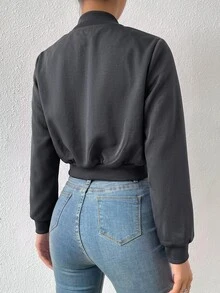 SHEIN EZwear 春季服飾 素色拉鍊短版飛行夾克 - 深灰色 - 查看 2