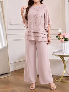 Amorya 女款甜美鏤空不對稱下擺上衣與寬鬆長褲兩件套 - 粉色 - 查看 3