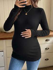 Dazy Maternity Solid Color Slim Fit Elastic Long Sleeve Casual Home Daily Vacation Spring Autumn Top Maternity High Neck Long Sleeve T-Shirt - Black - View 7