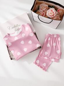 SHEIN Tween Girl Cute Pink Heart Print Long Sleeve Top And Long Pants 2 Pieces Loungewear Set - Baby Pink - View 1